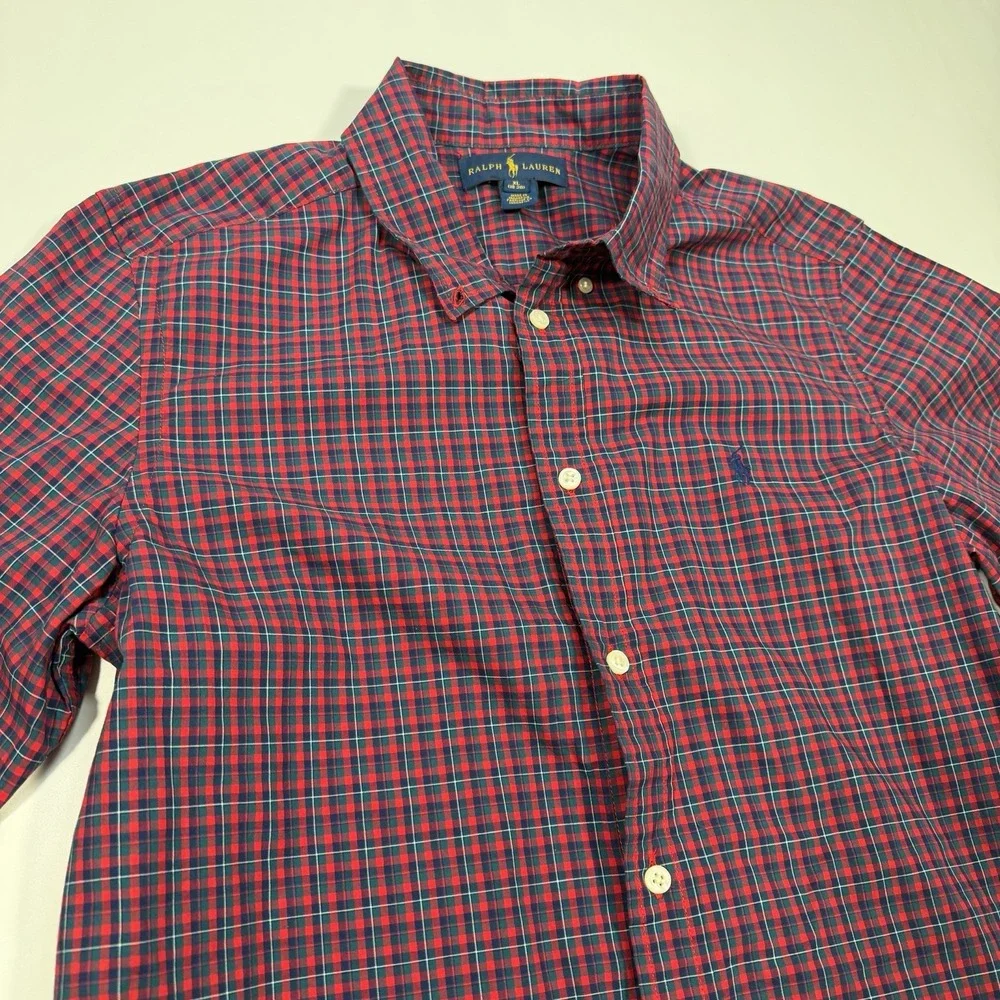 Ralph Lauren Button Down Shirt Boys XL 18-20 Red Blue Plaid Pony Cotton Casual